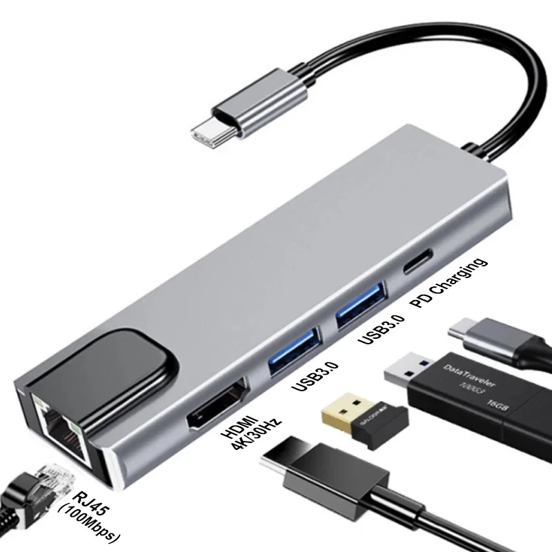 5 in 1 USB Type C Hub 4K to Gigabit Ethernet Rj45 Lan Adapter for Mac book Hub Docking Station