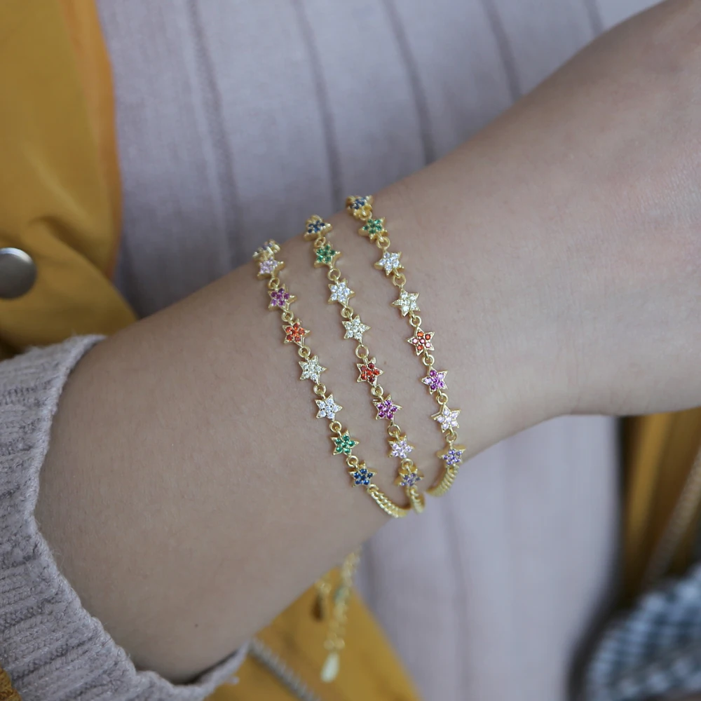 Fashion Gold Plated Rope Thick Chain Set rainbow Cz Paved Flower Charm Bracelet with Multi Flower Charm Bracelet for Wedding