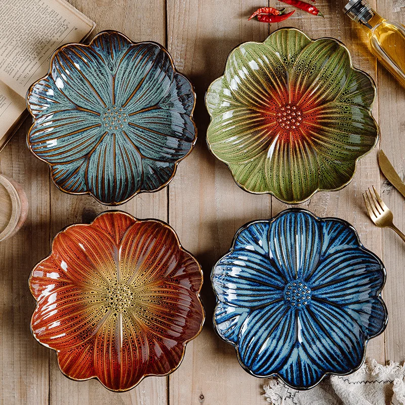 Creative Japanese style Variable glaze colours serving dish Sunflower shapes ceramic bowl Restaurant fruit salad bowl tableware