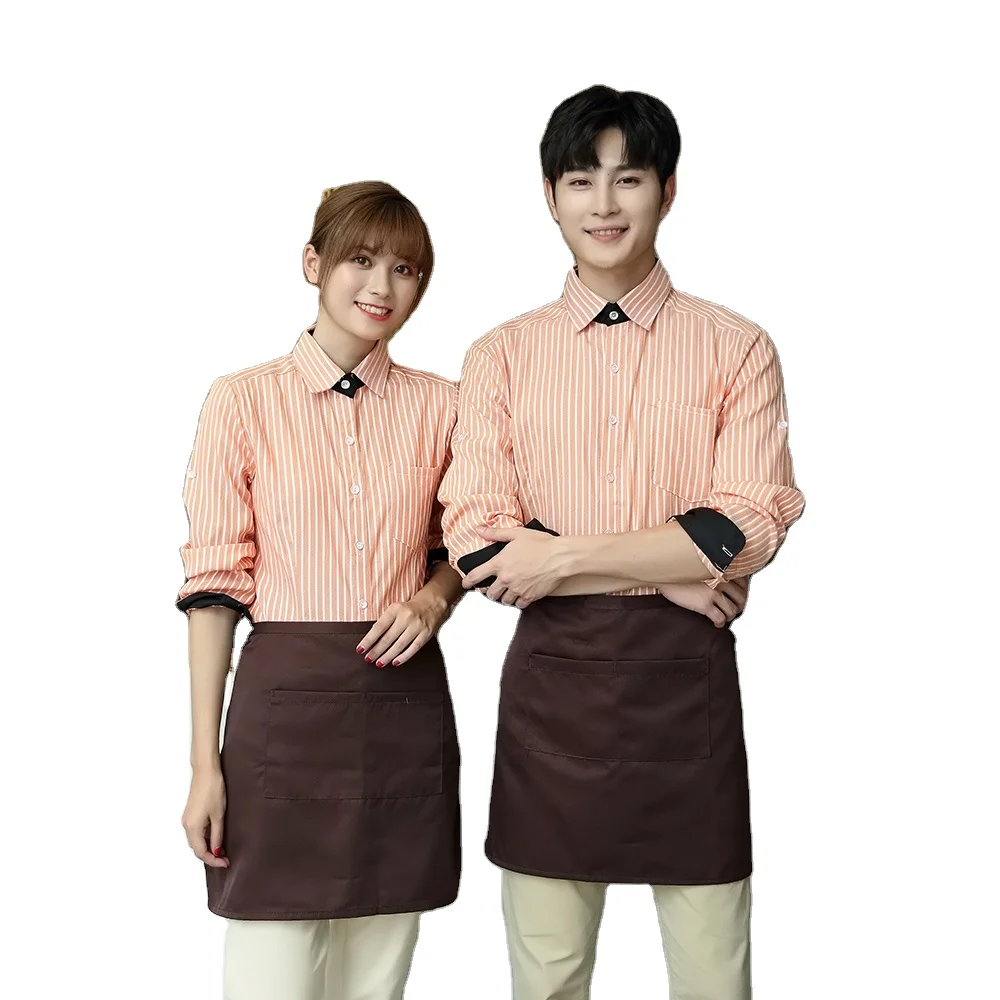 Couple style striped long-sleeved shirt work clothes restaurant staff uniforms fashionable spring and autumn shirts