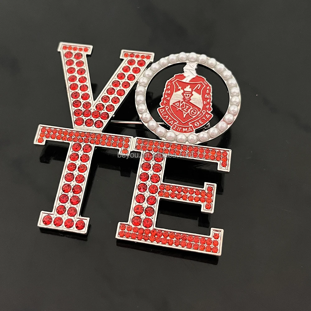 Delta Sigma Inspiration Design DST 50 Years Anniversary Gold Plated Red Enamel Rhinestone Pearl Brooch Sorority Jewelry Pin