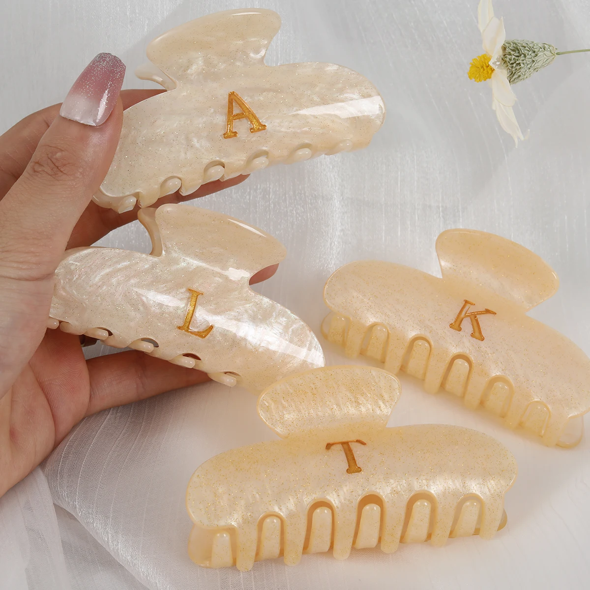 personalized custom initial names marble acrylic hair claw clips for girls