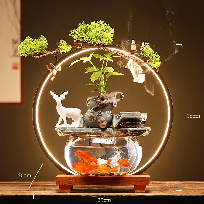 Wholesale Creative Zen Garden Ceramic Waterfall Fountain With Glass Fish Tank Indoor Smoke Water Fountain for Home Office Decor