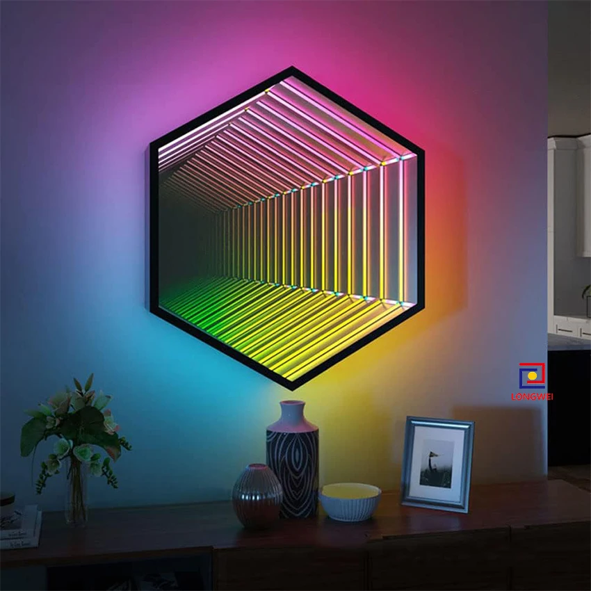 Hot Selling Nordic Atmosphere Hexagon Wall Lamp Multilayer Magic Mirror 3D LED Dance Floor Modern Glass Design