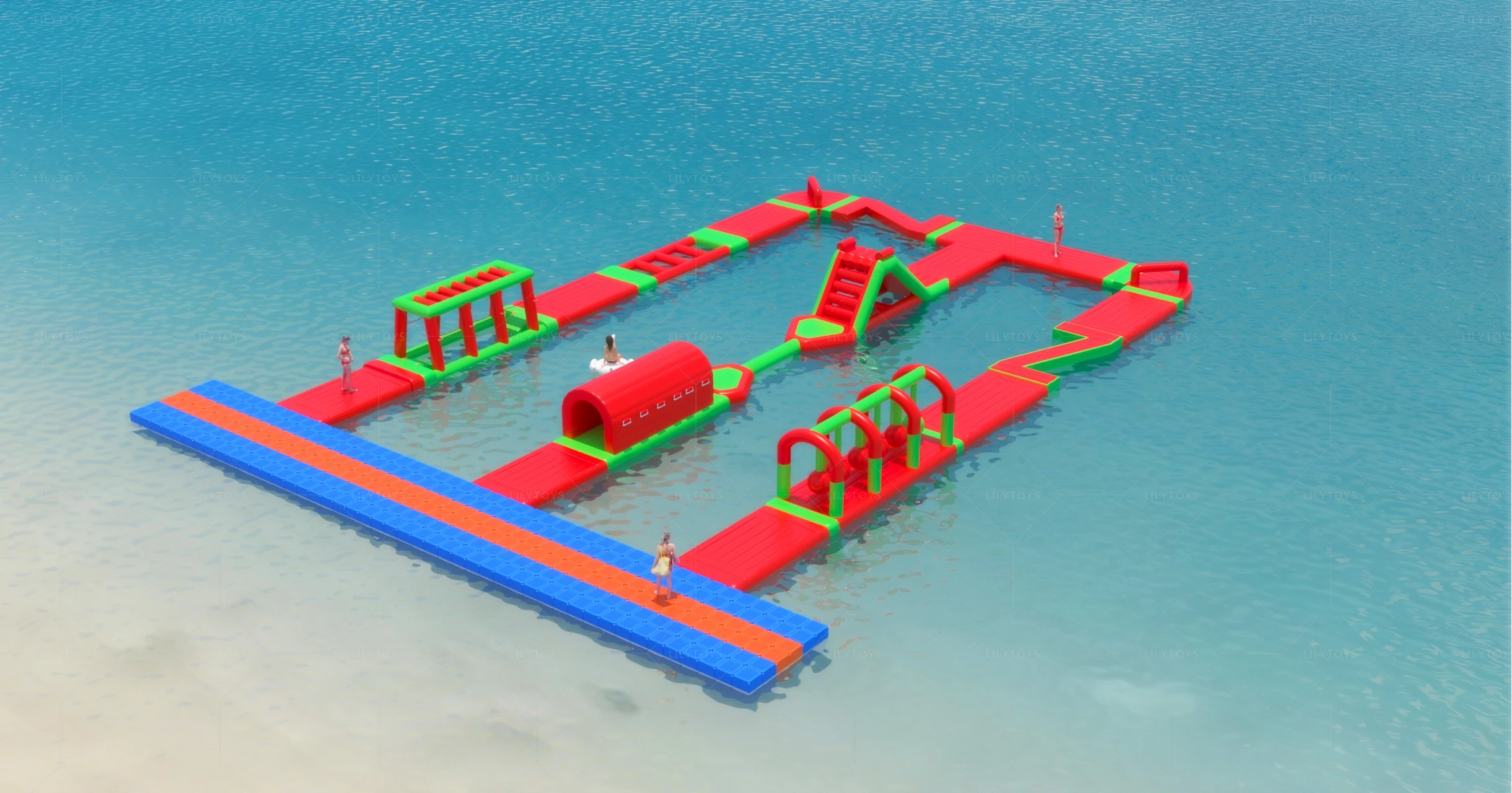 Inflatable Water Obstacle Course for Kids and Adults Featuring Floating Water Trampolines and Sport Games