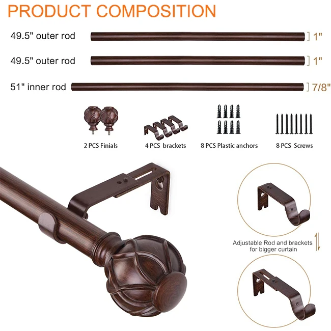 HB Good Price Classic Wood Grain Resin Bathroom Window Curtain Rod Accessories With Finial and Rod For Room