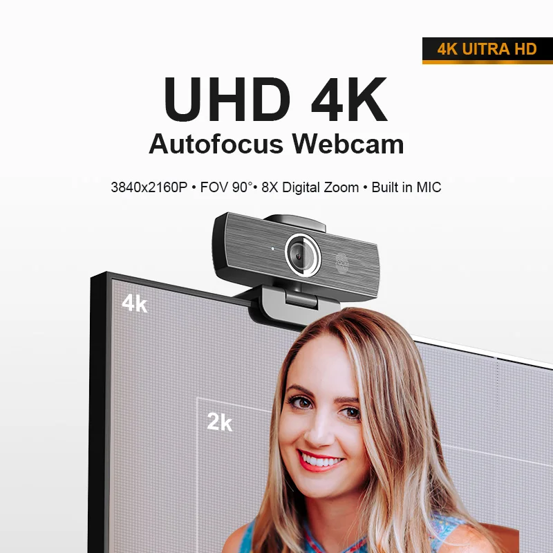 Anywii Hot sales 4k webcam camera noise reduction microphone Privacy cover 8X digital zoom conference uhd web