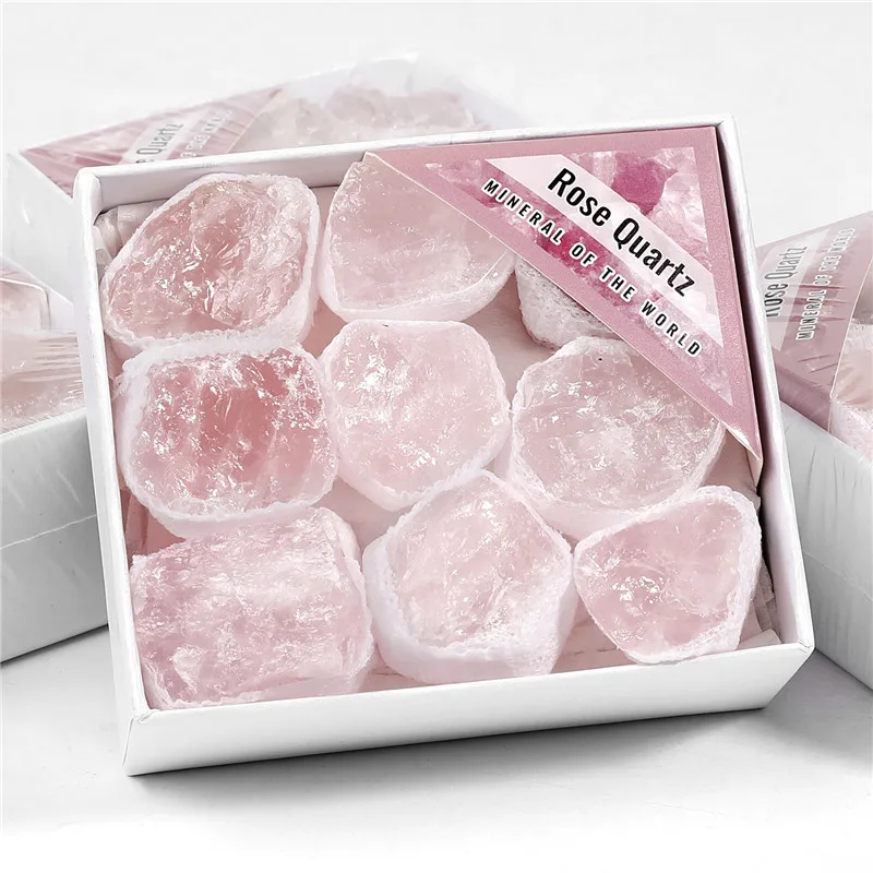Factory wholesale raw stone small gift box specimen natural powder pink crystal box set irregular rose quartz bare stone