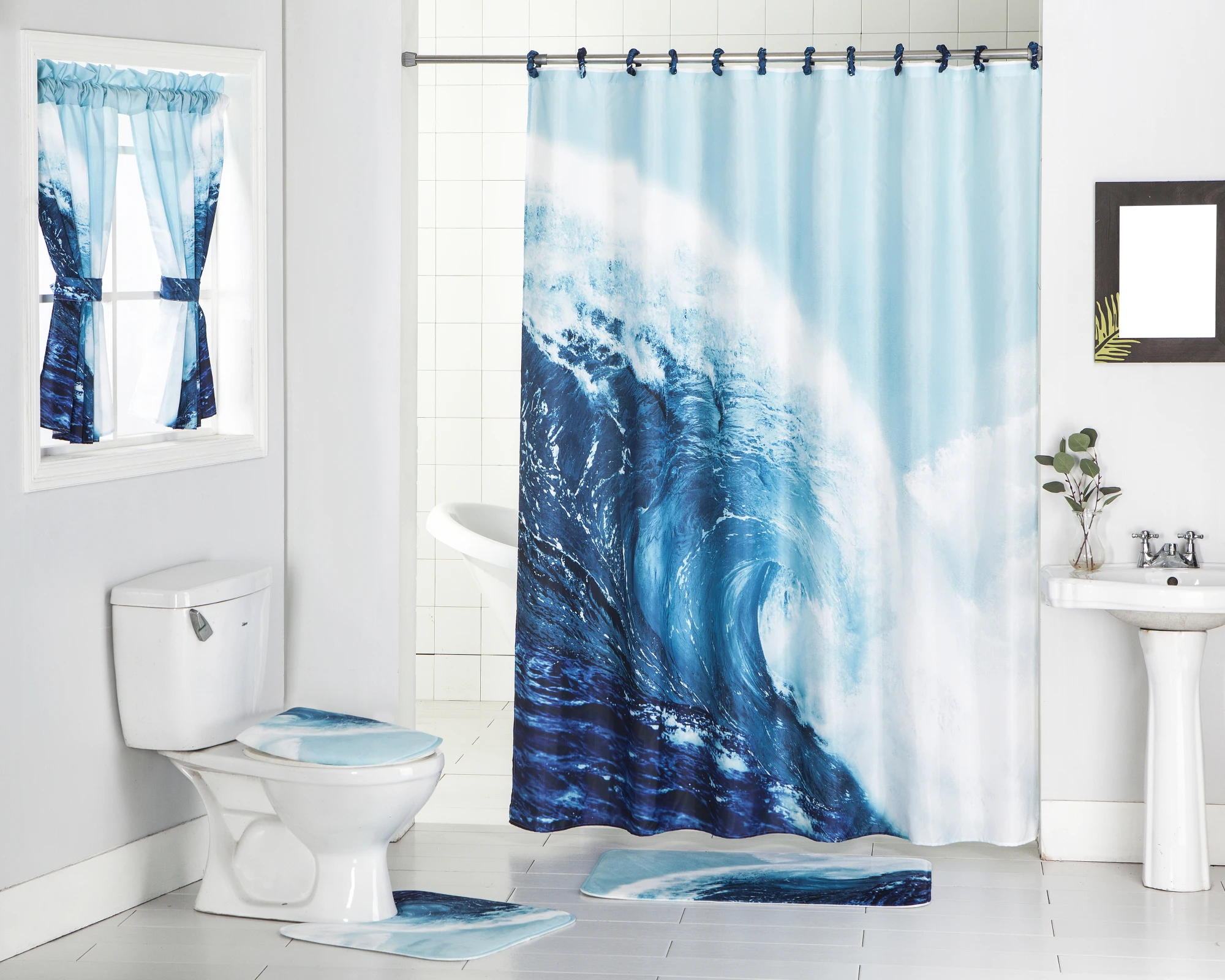 5 Pieces Printed Non-Slip Bathroom Set ,Window and Shower Curtain,Bath Rug,Toilet Lid Cover