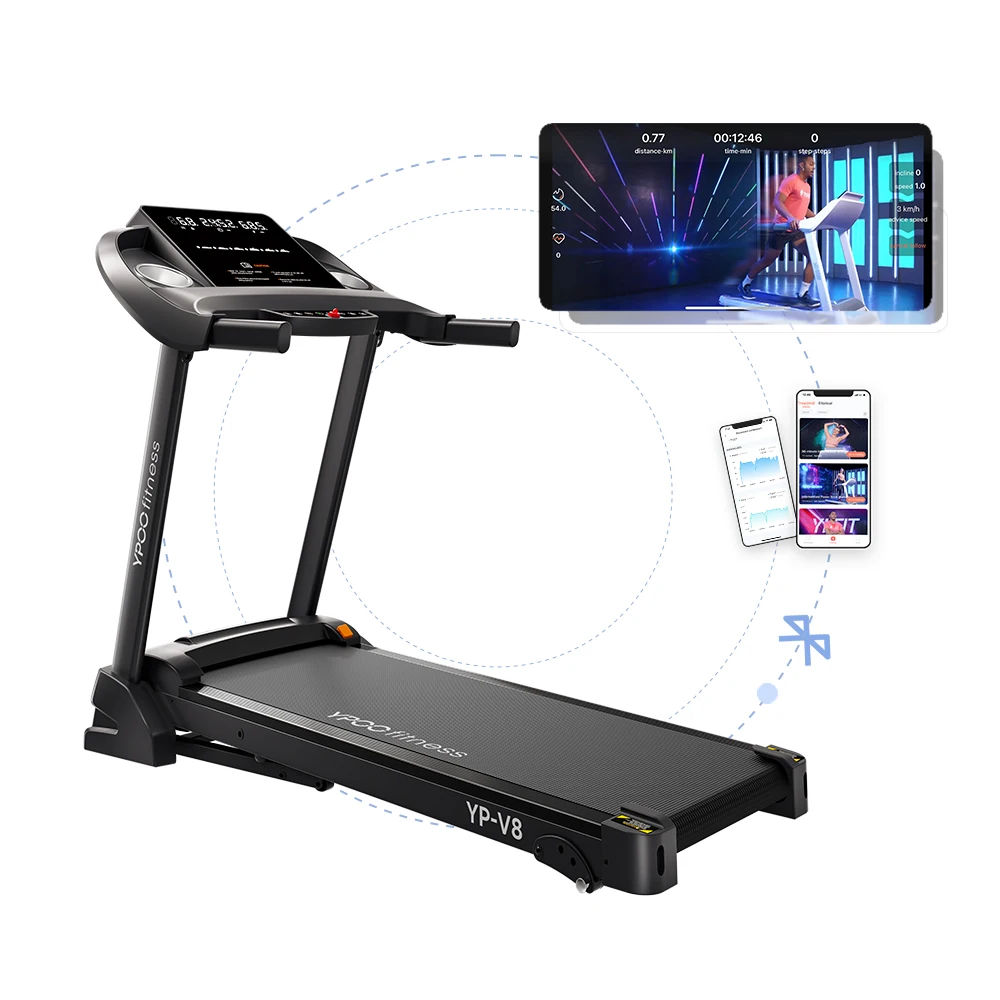 YPOO 38CM running  platform LED running machine  home fitness electric  China V8 treadmill OEM factory treadmill foldable