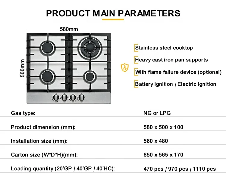Built in Hob 4 Burners Stainless Steel Gas Stove With Safety Device