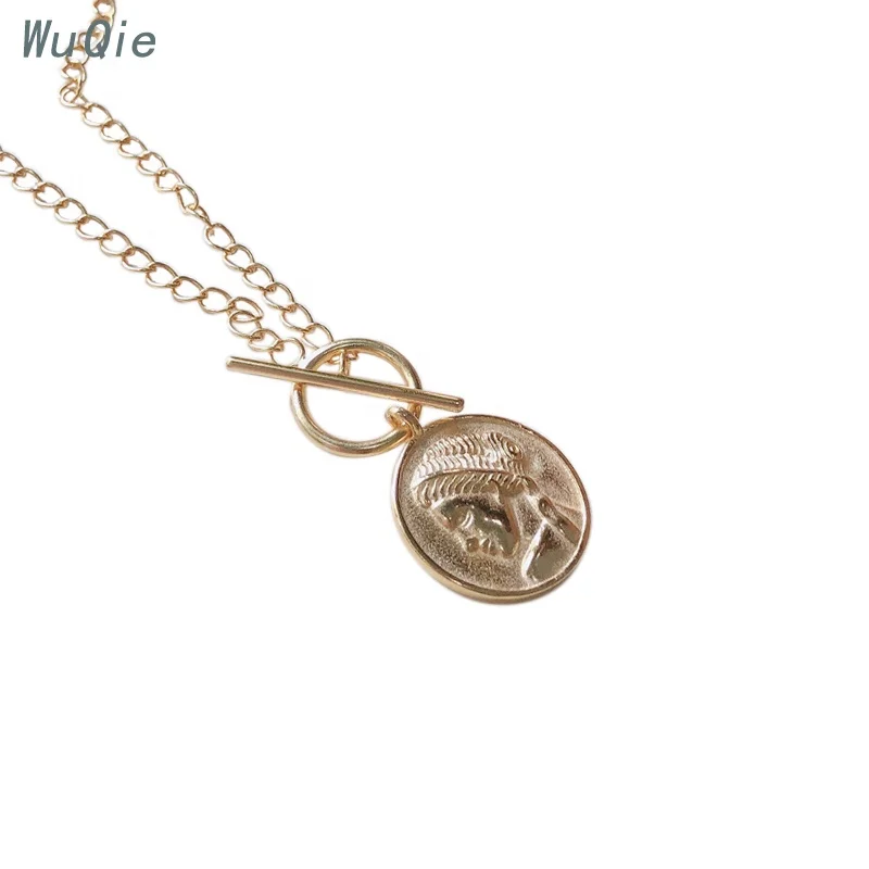 Wuqie Vintage 925 Sterling Silver Jewelry Human Portrait Coin Pendant Necklaces Gold Plated Round Necklace