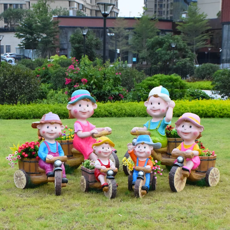 Outdoor Landscape Statues Cycling Doll Flower Pot Fiberglass Garden Planter Ornaments Resin Bike Doll Kindergarten Decoration