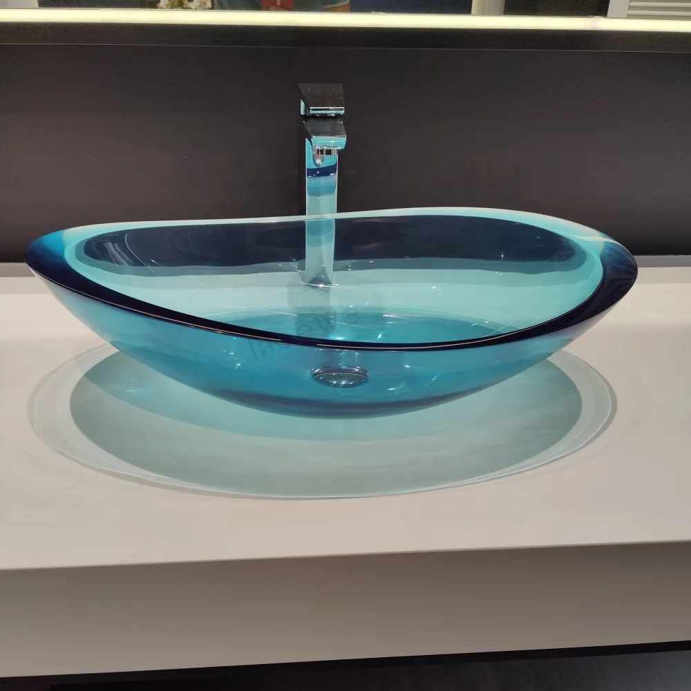 crystal transparent bathroom sinks, blue color resin basin counter top translucent clear wash basins
