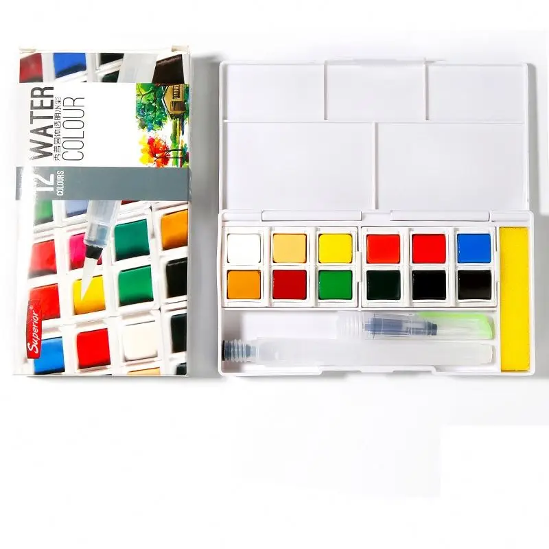 Superior Solid Watercolor Paint Set 12 Colors Travel Pigment Paints with Paintbrush for Students Art Supplies