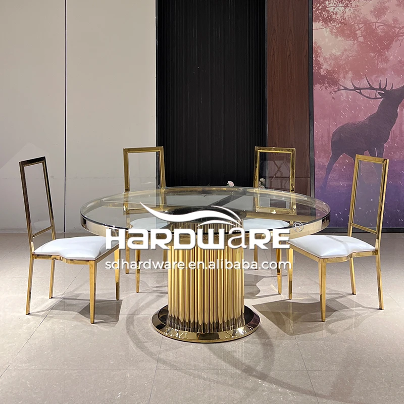 Foshan Hardware Furniture Gold Stainless Steel Clear Glass Round Banquet Table Set