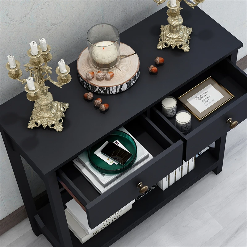 Modern espresso wooden console table luxury home furnishings easy to build hallway console table with shelving and drawers