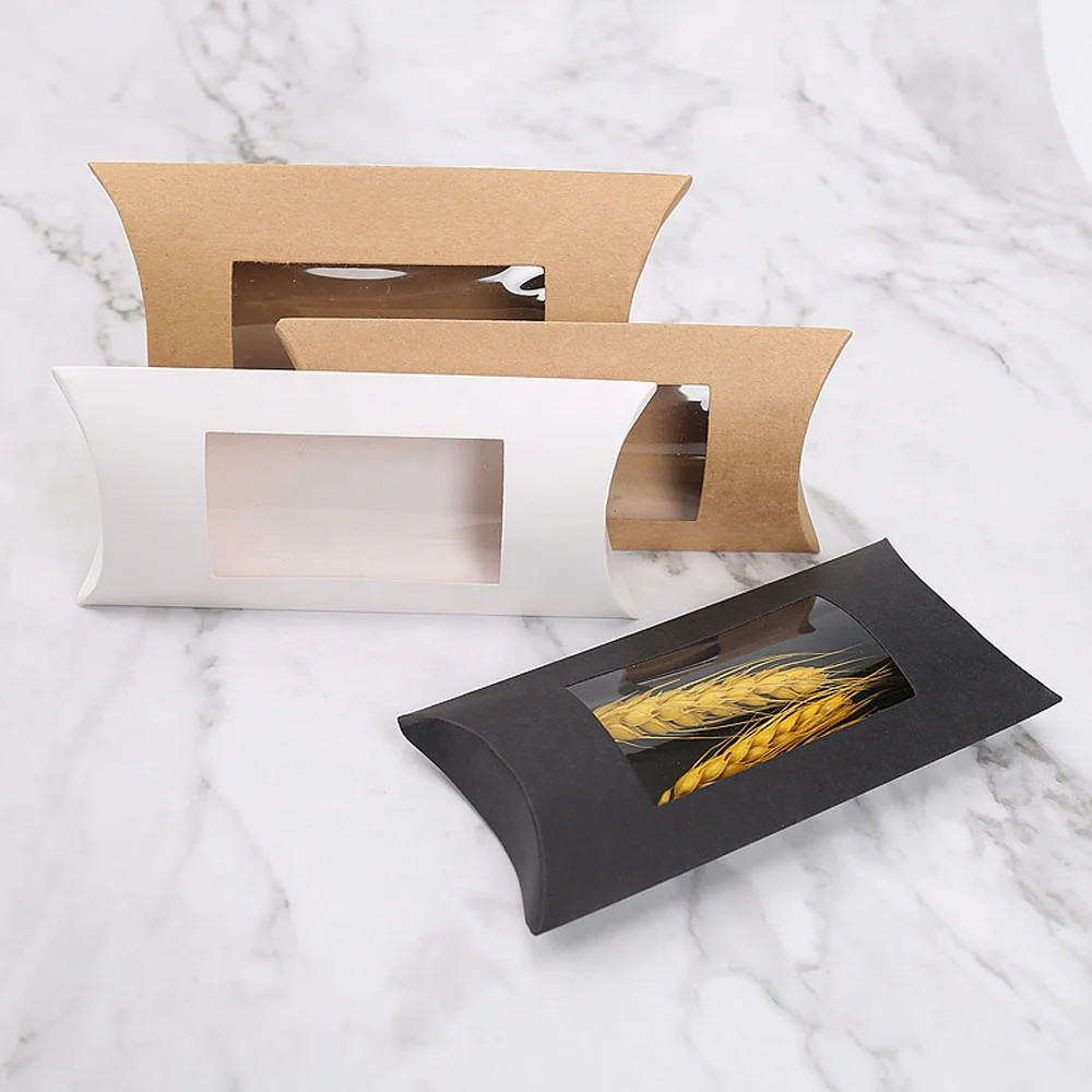 Kraft Paper Boxes PVC Transparent Window Candy Gift Packaging Pillow Box