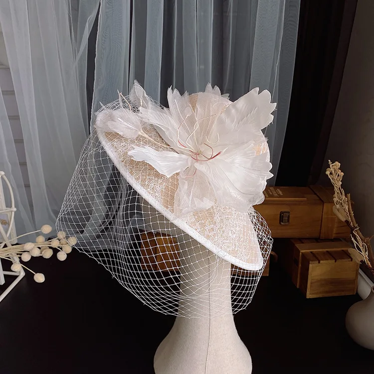 Hera hot sale elegant wide brim bride hat handmade flower fascinator bridal hats with veil