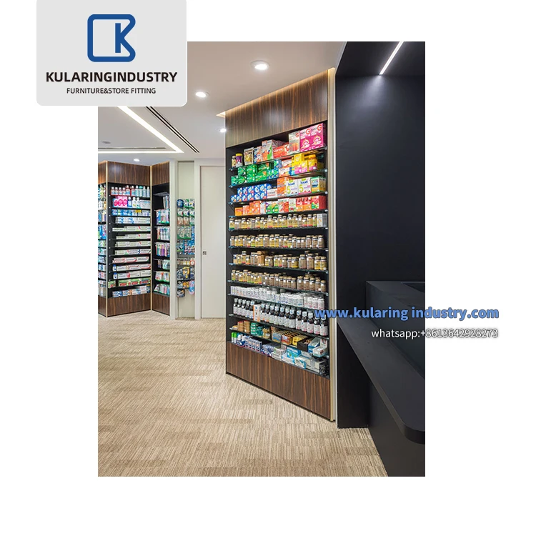 Retail Pharmacy Decoration Customized Medical Pharmacy Shop Glass Wood Furniture Shelves Cabinet For Pharmacy Store Display