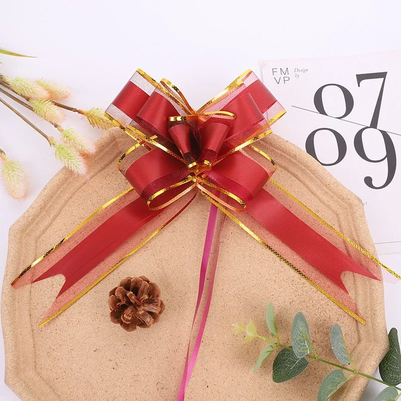 Wholesale Products Snow Yarn Organza Material Gift Wrap Decoration Ribbon Suitable Christmas Red  Pull Bow