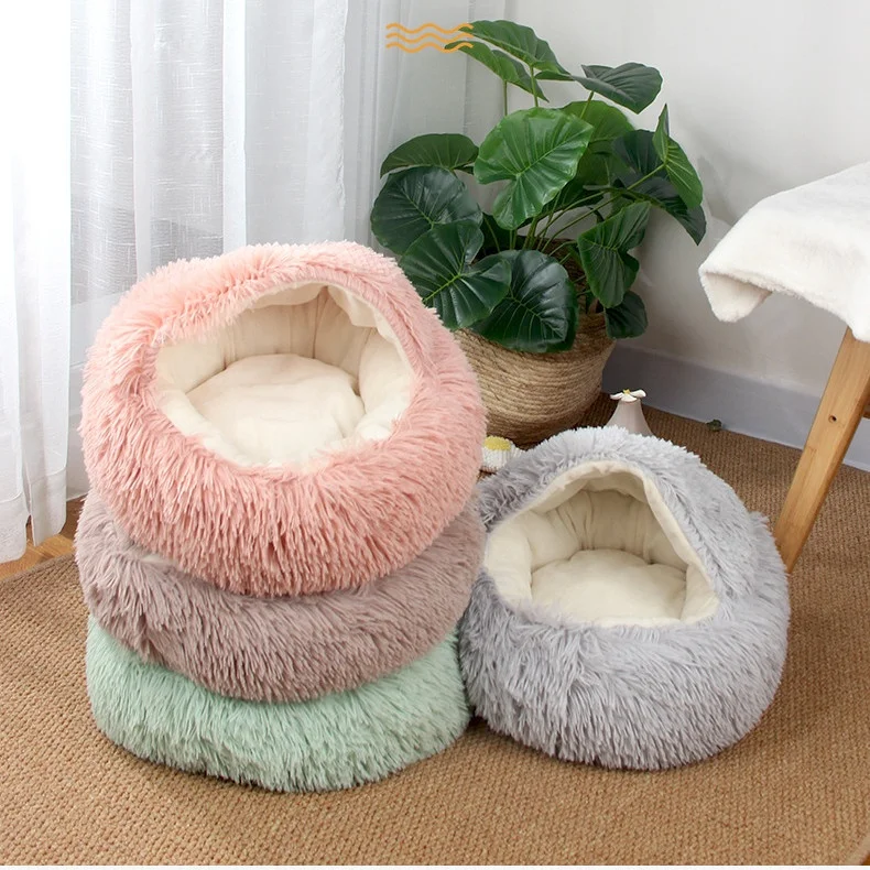 Semi-closed Long Plush Soft Pet Cat Dog Sleeping House Bed Mint Green Round Shape 60*15 cm Cat Plush Bed PB2021070905