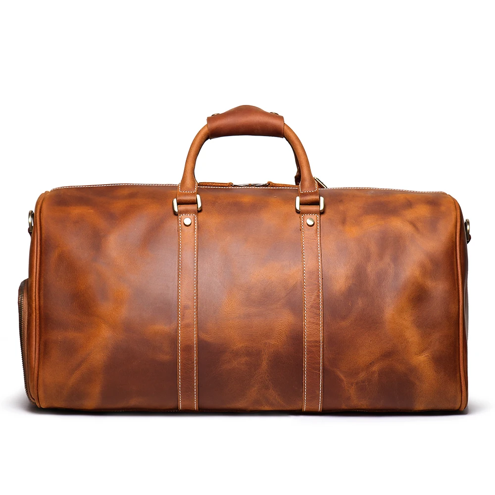 Handmade Vintage Crazy Horse Leather Traveling  Duffle  Weekender Bag for Men Brown 24inch