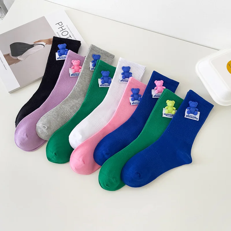 trendy cotton crew girl sneaker decorate sewing bear cute women rib socks