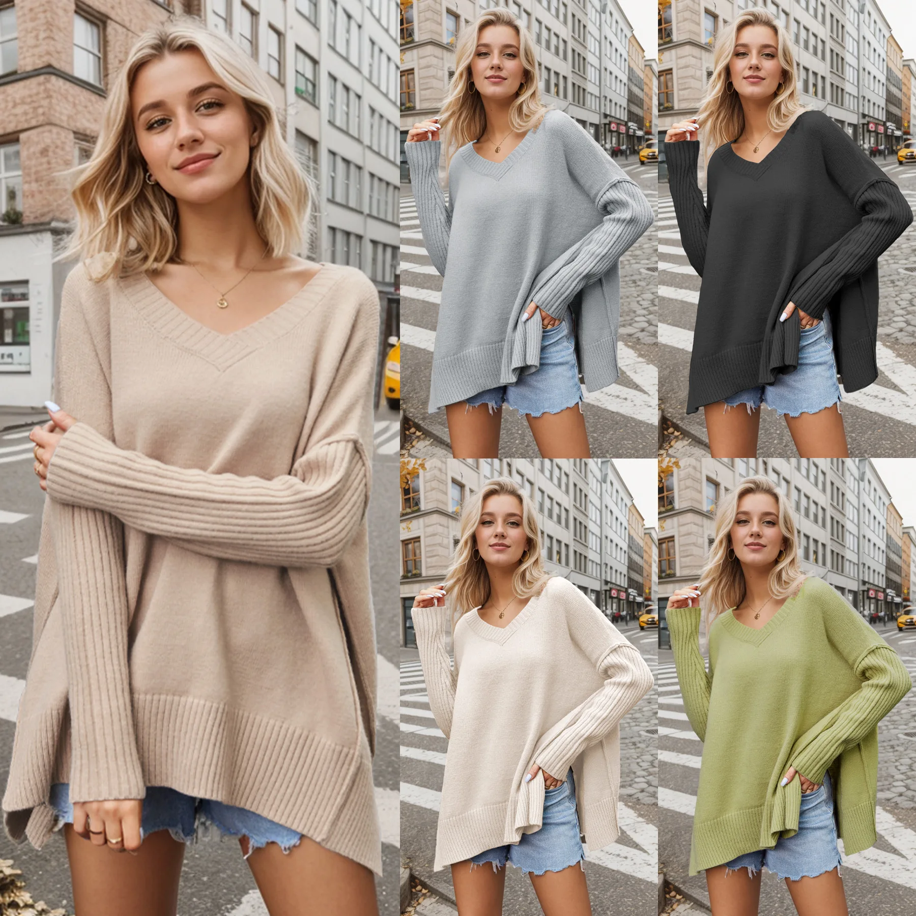 High Quality Cotton V-Neck Large Sleeve Women Sweater Casual Pullover Oversize Knit Breathable Sweater