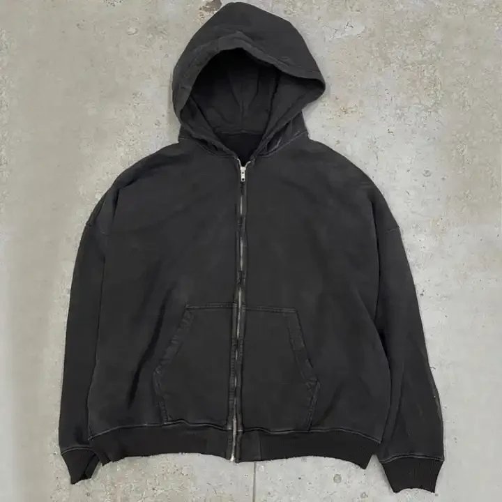 Mens Vintage Washed Hoodies Heavyweight Cotton Acid Washed Zip up Hoodies 3D Puff Printing Zipper Hoodie for Men Oversized Long