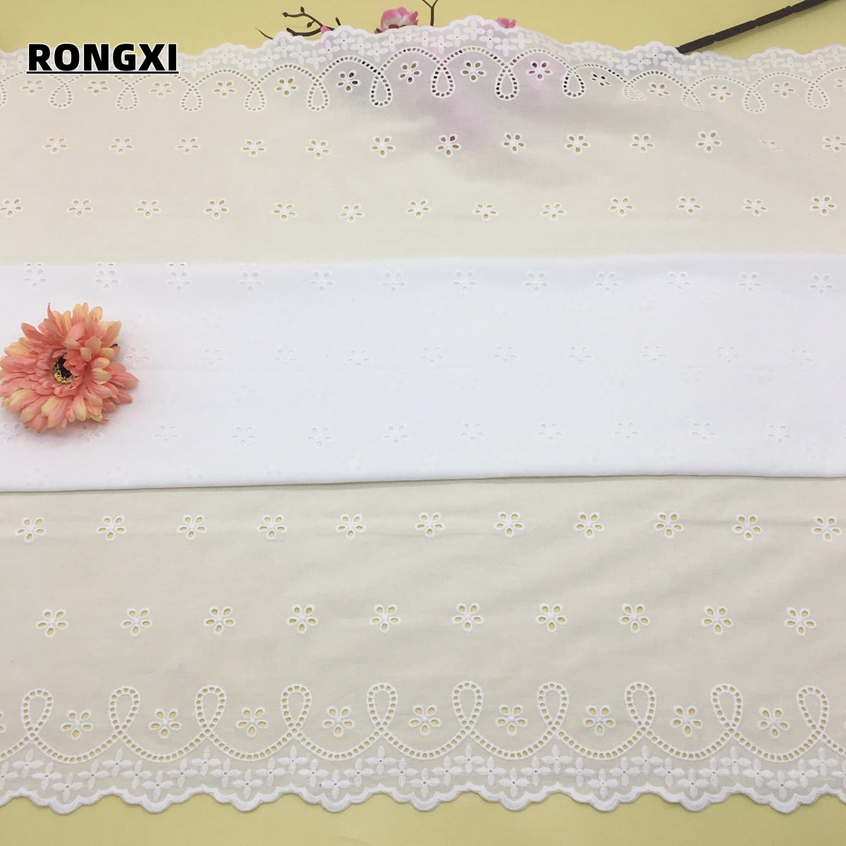 Competitive Price New Design CRF2183 100% Cotton Designed Border Embroidery Lace Fabric with Holes for Wedding Dress