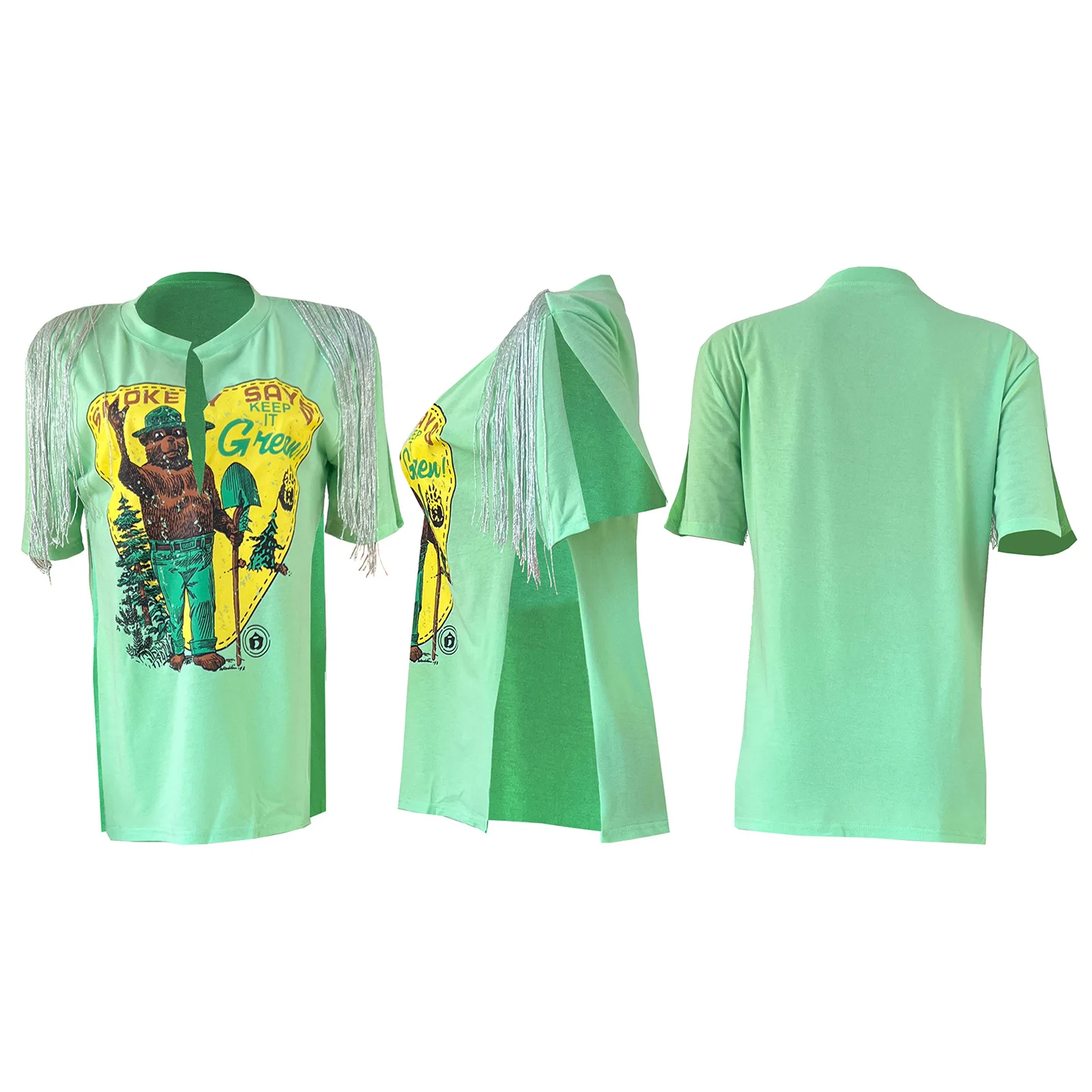 Ladies T Shirts 2022 Summer Vintage Printed Slit Fringe Short Sleeve Crop Top Ladies Graphic Tees