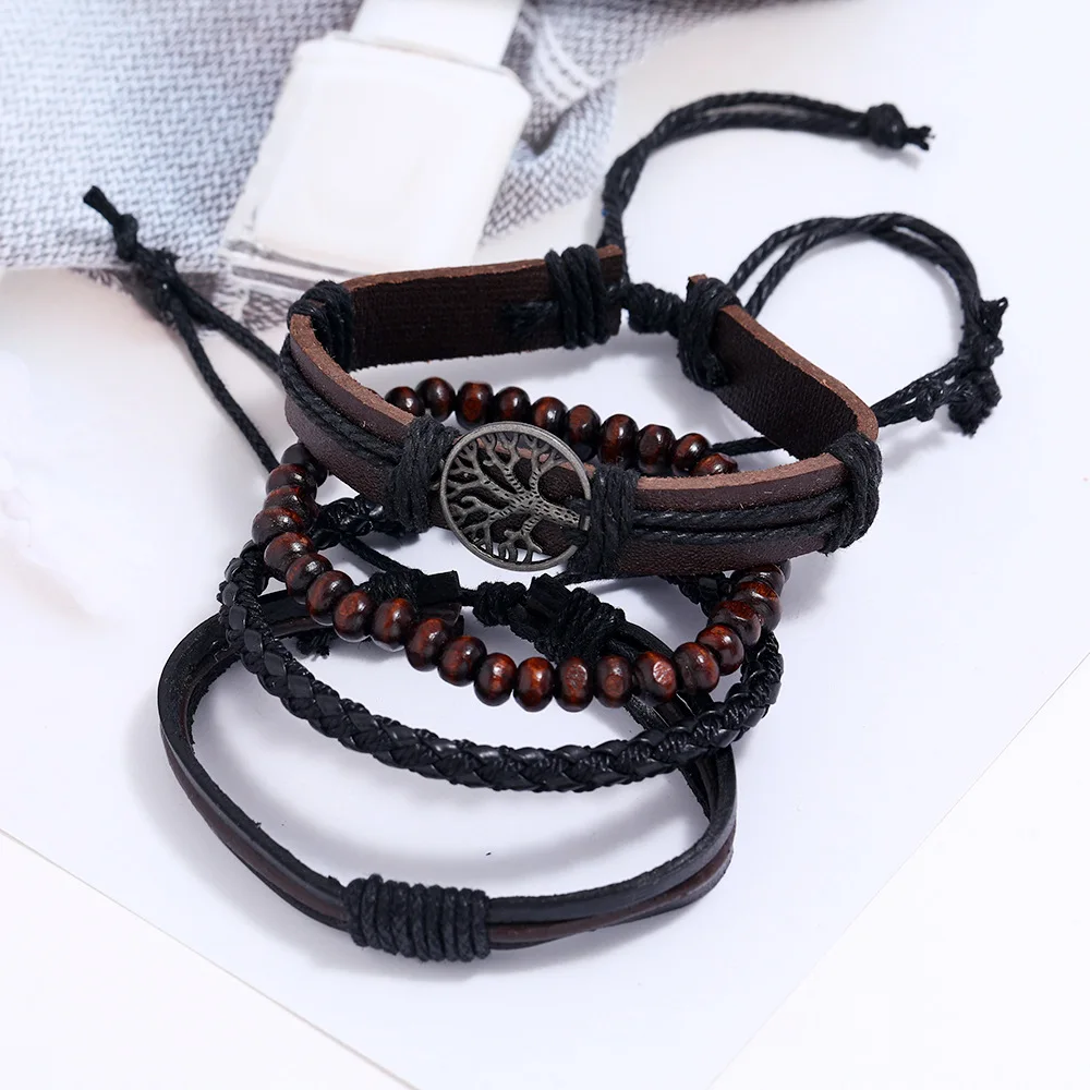 4pcs/ Set Braided Wrap Vintage Life Wristbands Magnetic Bangle adjustable leather customizable bracelet man for men