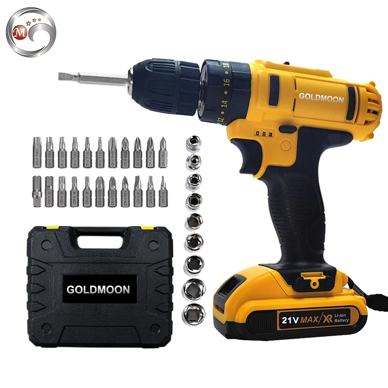 GOLDMOON 24V 4 pole motor 2000mAh Industrial two speed electrical powerful cordless drill screwdriver with hammer