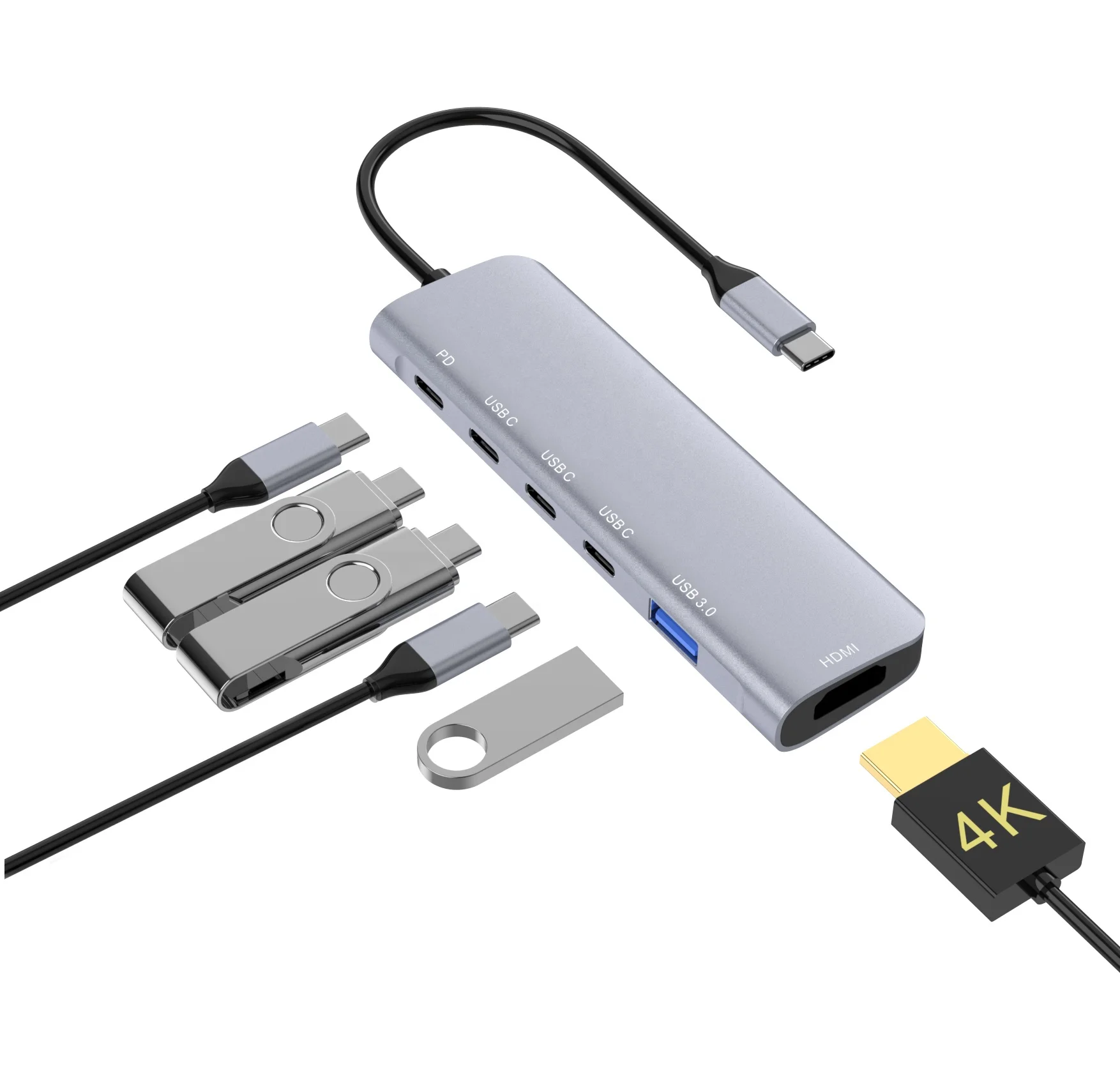 6 in 1 USB C to 4K HDMI Hub with 3 USB C Ports and USB-C PD Charge and Data Port for MacBook Pro/Air, Samsung Mobile and more
