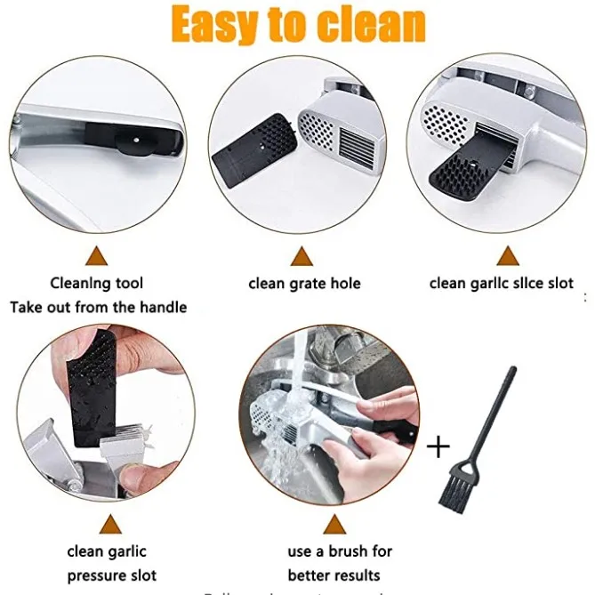 Garlic Press,2 in 1 Garlic Mince and Garlic Slice with Garlic Cleaner Brush and Silicone Tube Peeler Set.Easy Squeeze,Rust Proof
