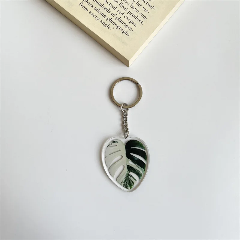 Wholesale Cheap High Quality Acrylic Keychain Transparent Monstera Green Palm Leaf Keyring Custom logo Plant Plastic Acrylic Key