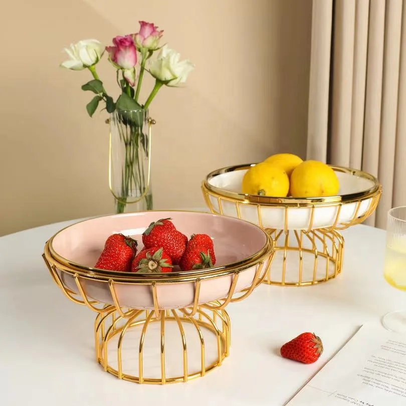 Handmade ceramic salad bowl, luxury fruit bowl for dessert Nordic style with metal rack