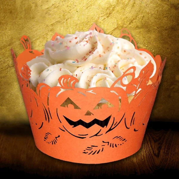 DIY Hollow out Halloween Lace Pumpkin Face Cupcake Wrappers and Toppers Lace Liner Baking Cake Paper Cup Wraps for Halloween Par