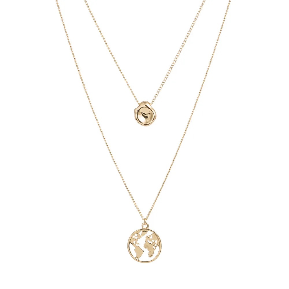 Hip Hop Jewelry Gold World Map Necklace Medal Pendant Necklace Simple Small Golden Bean Double-layer Stainless Steel Necklace