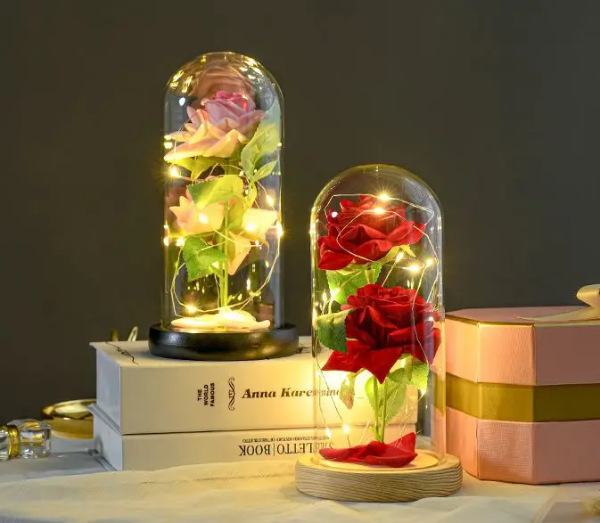 Wholesale Valentine Day Gifts Preserved Rose Forever Flowers LED Glass Cover Night Light
