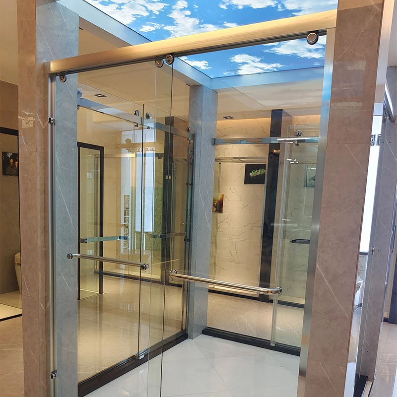 Modern Rectangle Shape Antirust Metal Framed Bathroom Bypass Tempered Glass Sliding Shower Door With Aluminum Handle