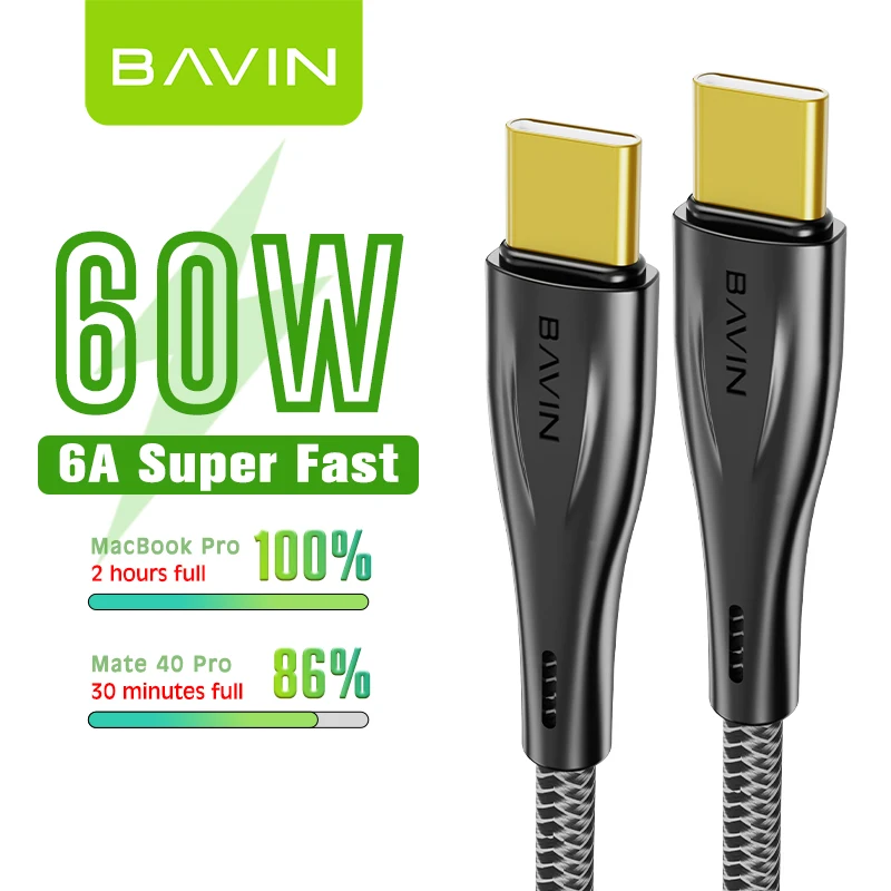 BAVIN CB228 Custom Wholesale Price USB Type C to USB Type c 60W 6A Mobile Phone Super Fast Charging Type-c Data Cable