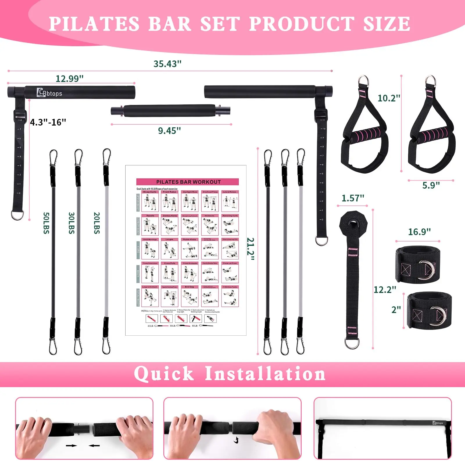 Multifunctional Pilates Bar whole body Workout Equipment 3 Section Pilates Bar Kit with Resistance Bands for Women Home Gym