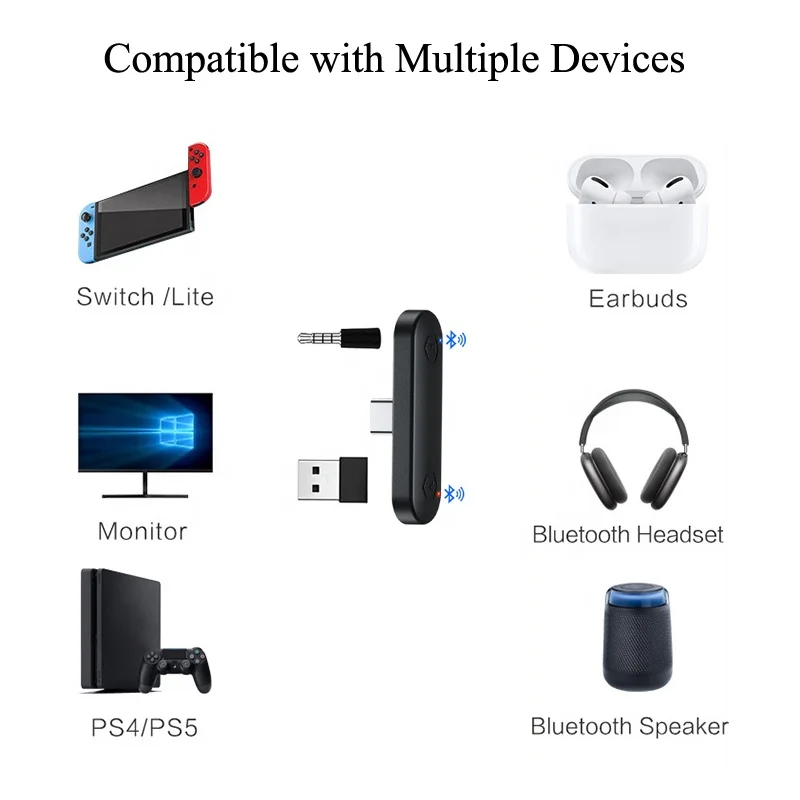 Беспроводной аудио передатчик для Switch Lite PS4 PS5 PC TV BT5.1 Bluetooth адаптер с низкой задержкой совместимые Airpods