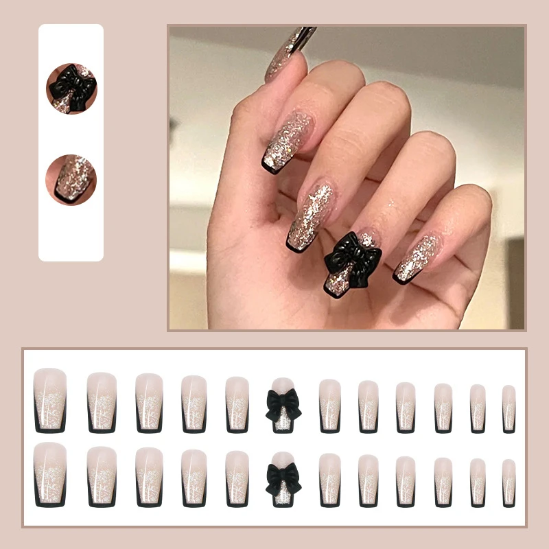 Press On Nails Glitter Fake Nail with Bow-knot