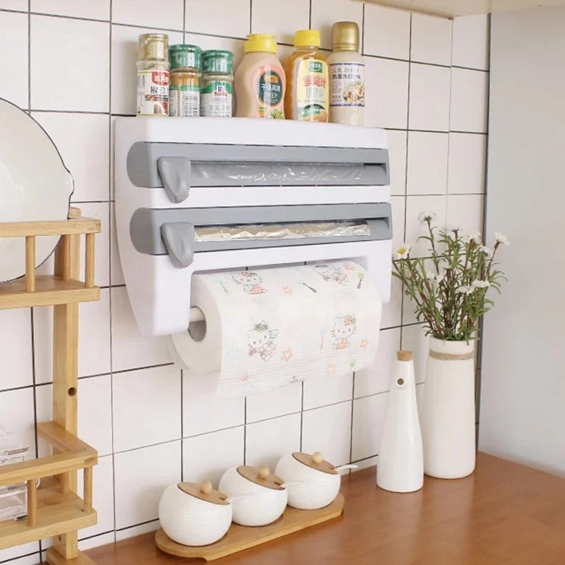 Paper Towel Holder Sauce Bottle Rack Kitchen Organizer 4 in 1 Cling Film Cutting Holder Kitchen Accessories