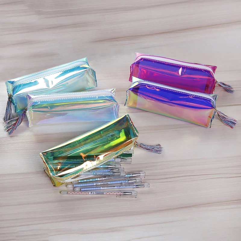 Custom Waterproof School Stationery Office Pencil Case Zipper Pen Pouch Women Travel Holographic Iridescent PVC Cosmetic Bag