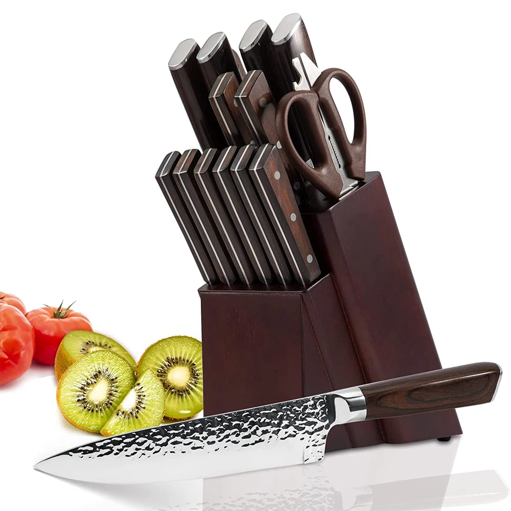 2024 Germany High Carbon Stainless Steel Chef Knife Block Set 15 Pieces Ultra Sharp Chef Kitchen Knife Set with Block Sharpener