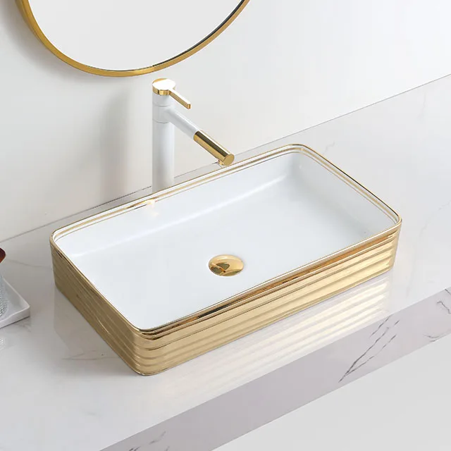 Emboss White Gold Basin Table Top Wash Basin Sink Bathroom Vessel Sink Gold Rim Lavabo Modernos Dorado